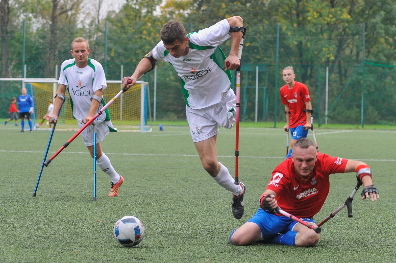 Amputee football players contesting the ball during a match