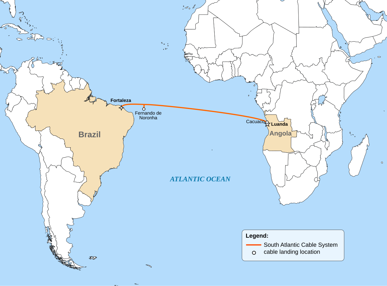 Map of the South Atlantic Cable System route between Angola and Brazil