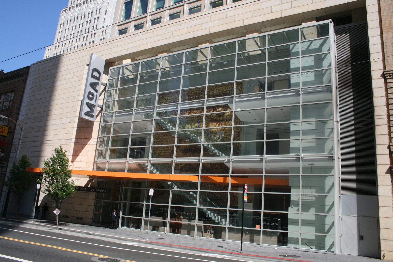 The glass-fronted Museum of the African Diaspora entrance.