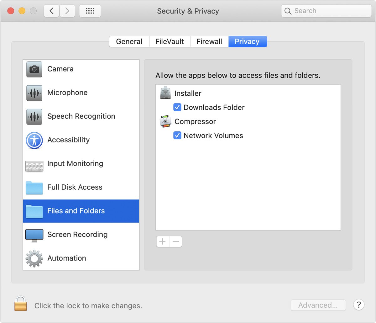 Apple macOS Security and Privacy settings showing Files and Folders and Full Disk Access controls