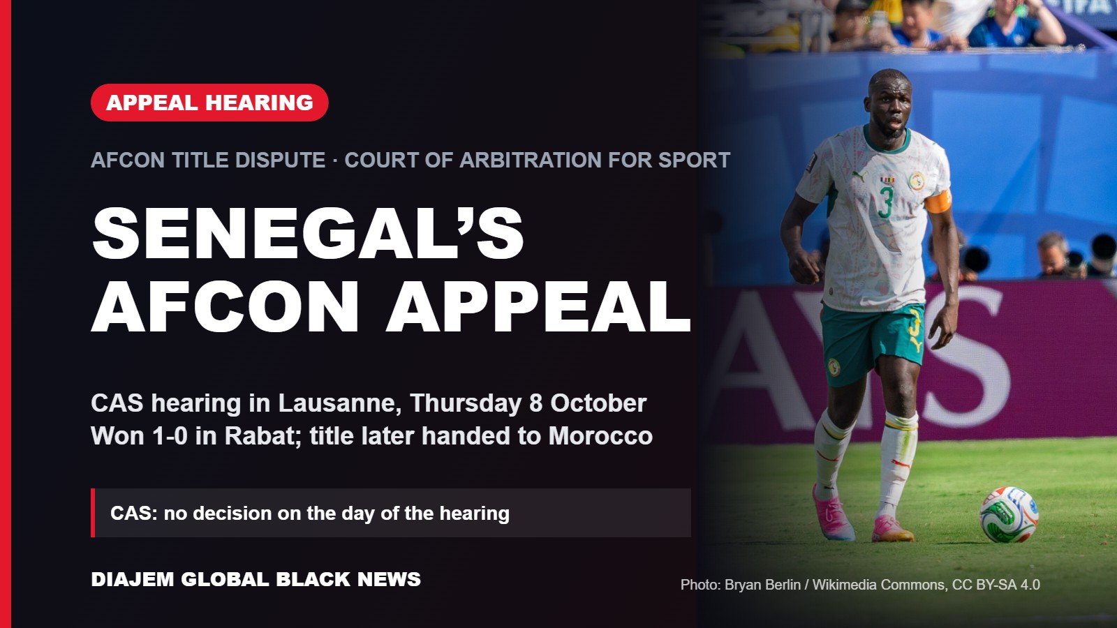 DGBN graphic on Senegal’s AFCON appeal at the Court of Arbitration for Sport, with Senegal captain Kalidou Koulibaly