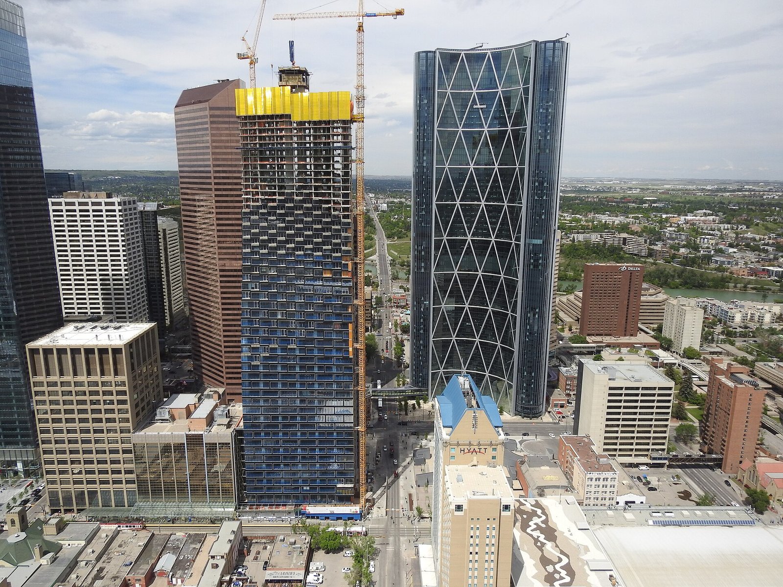 Telus Sky under construction, with the Bow and Suncor Energy Centre, Calgary, June 2018