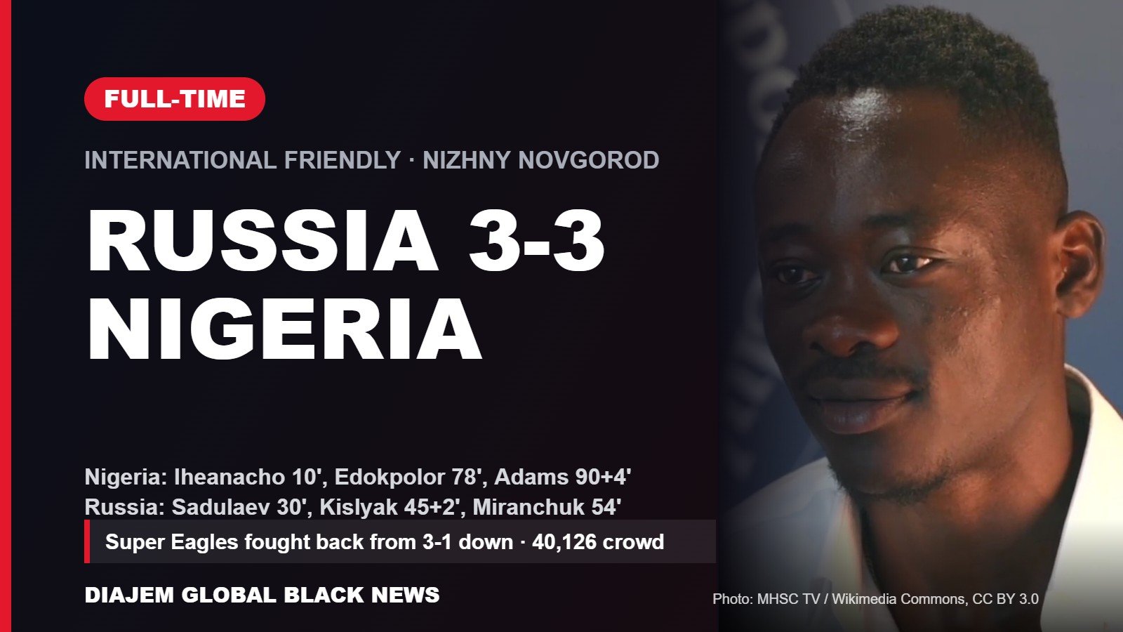 Russia 3-3 Nigeria full-time graphic featuring Super Eagles striker Akor Adams