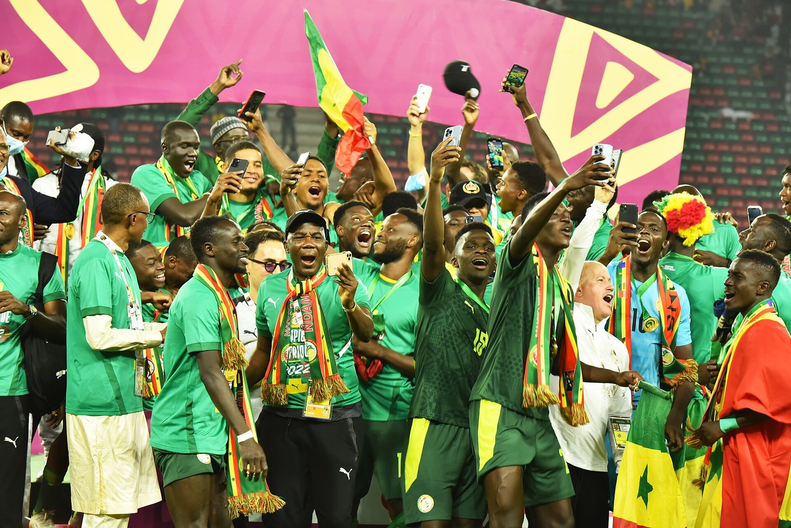 Senegal players celebrate winning the Africa Cup of Nations at the Olembé Stadium in Yaoundé, Cameroon, in February 2022